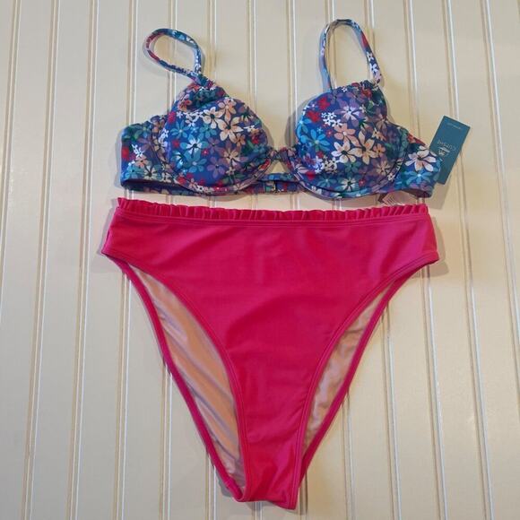 Cupshe Bikini NWT Women L Push Up Pink High Waist Floral Underwire Swimsuit Set - Picture 1 of 8